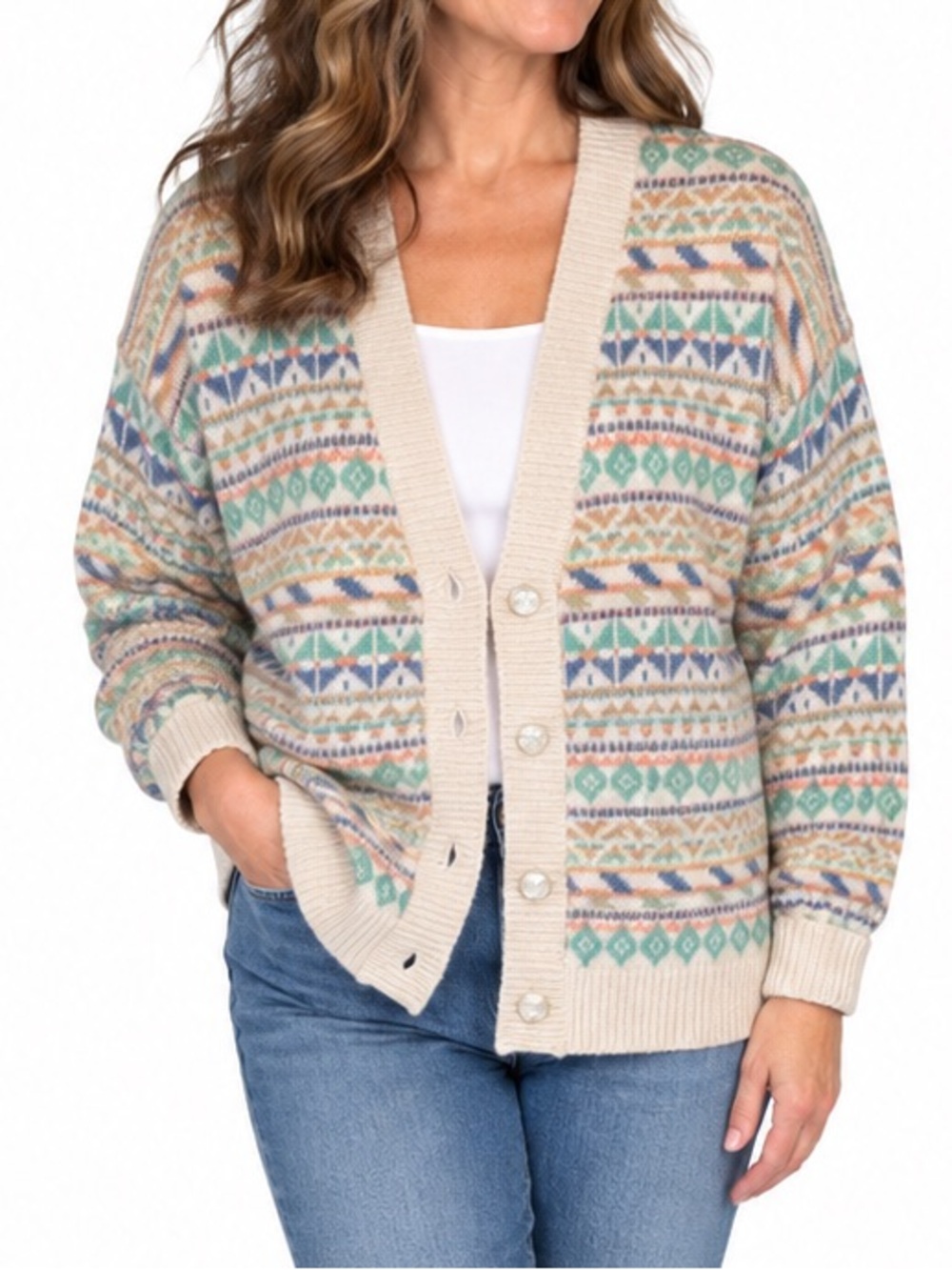 Vintage Karen Scott Wool Blend Fair Isle Cardigan Sweater Pastel Large
